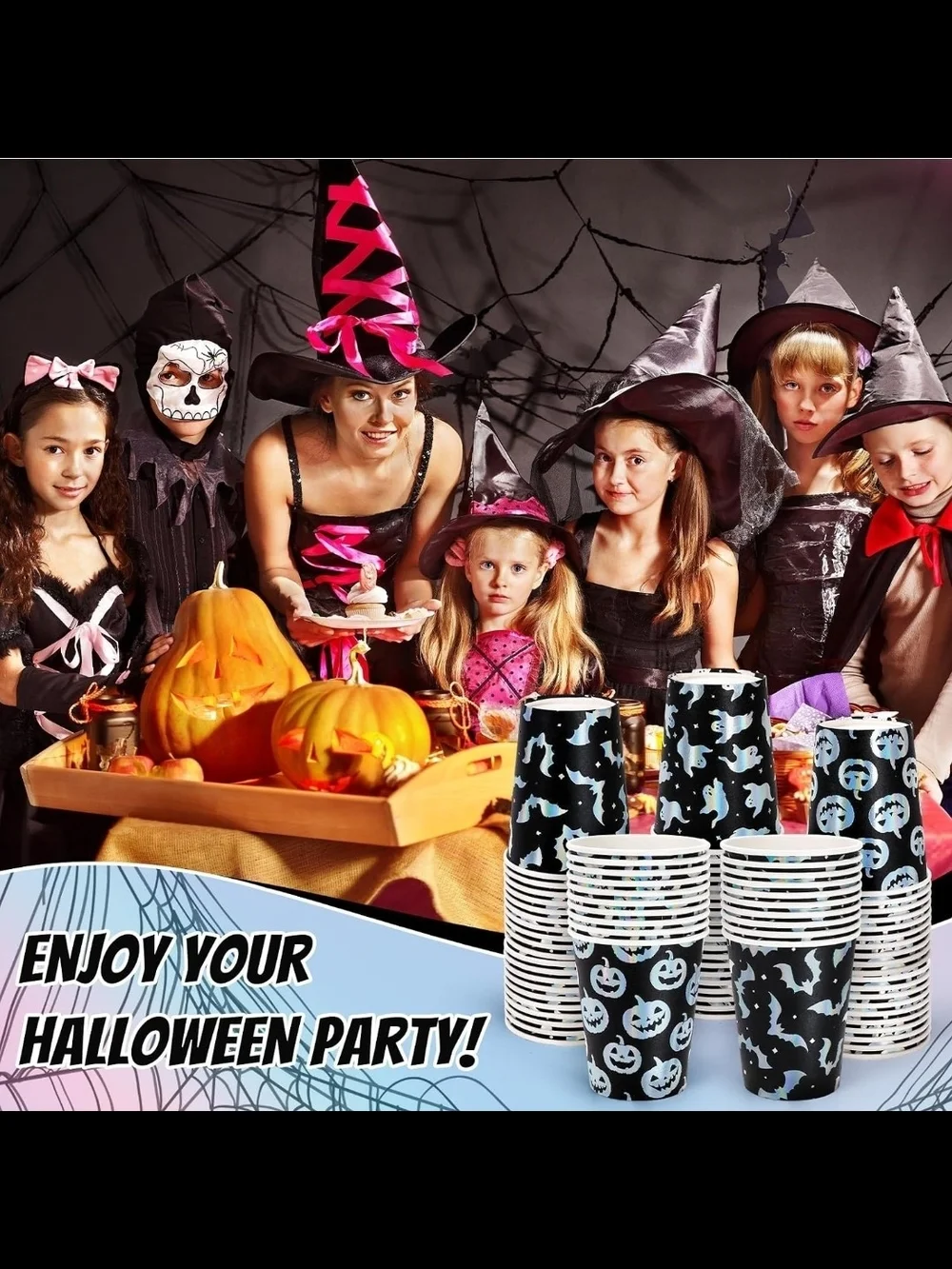 Halloween Ghost Pumpkin Bats Paper Cups - Black Iridescent 60 Set New